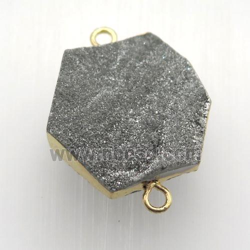 silver Solar Agate Druzy connector, hexagon, gold plated