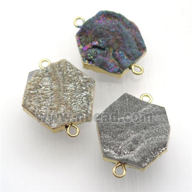 Solar Agate Druzy connector, hexagon, gold plated, mix color