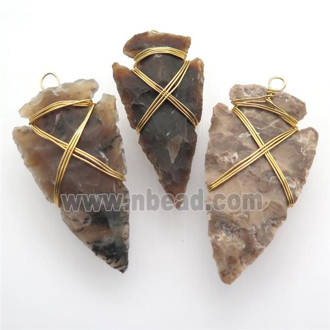 Rock Agate arrowhead pendant, wire wrapped
