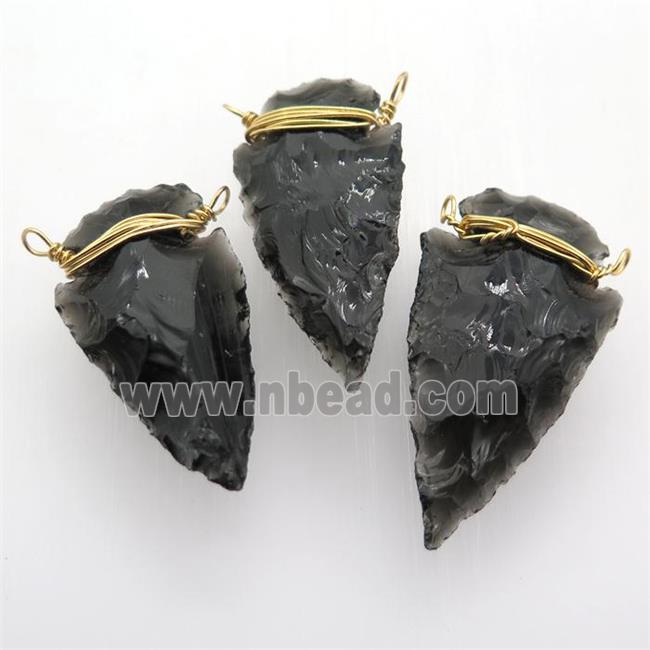 black Obsidian arrowhead pendant, wire wrapped