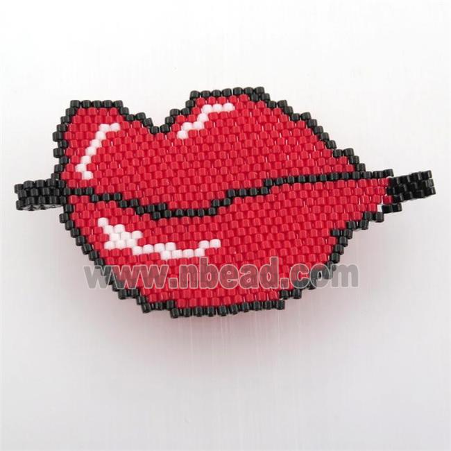 Handcraft lip connector with seed glass beads, red