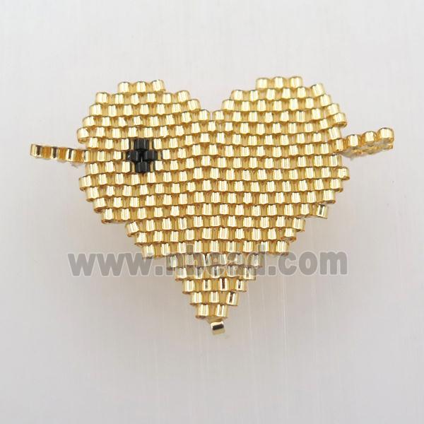 Handcraft heart connector with seed glass beads, gold