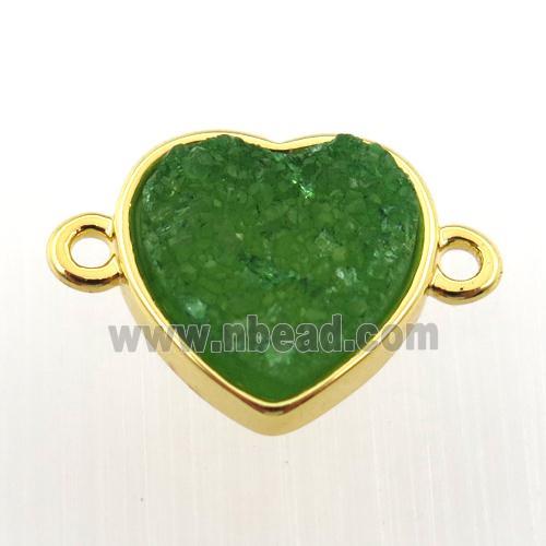 green agate druzy heart connector, gold plated
