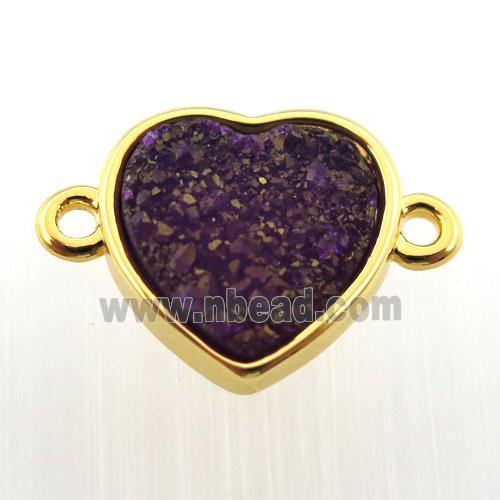 purple agate druzy heart connector, gold plated