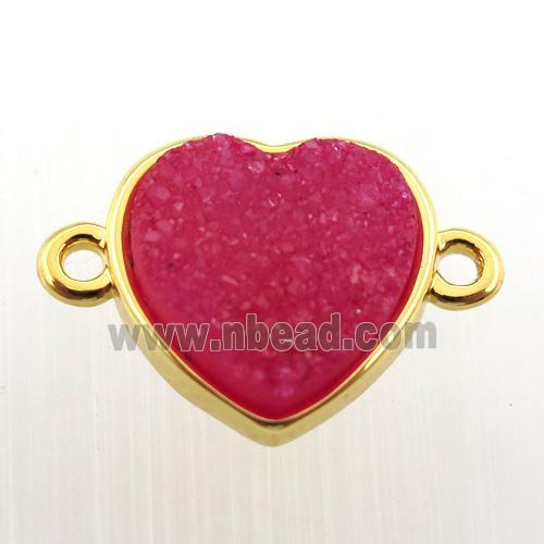 hotpink agate druzy heart connector, gold plated