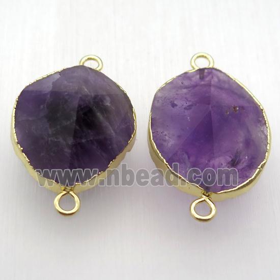 purple Amethyst connector, freeform, point, gold plated