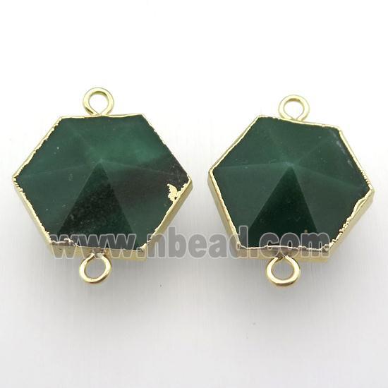 green agate hexagon connector, point, gold plated