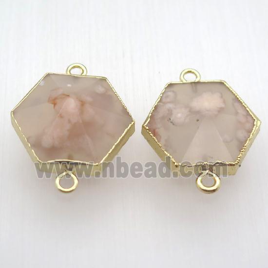 cherry agate hexagon connector, point, gold plated
