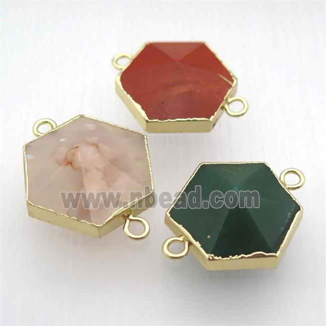 mixed gemstone hexagon connector, point, gold plated