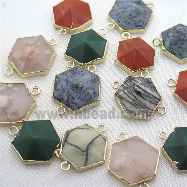 mixed gemstone hexagon connector, point, gold plated