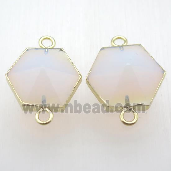 white opalite hexagon connector, point, gold plated