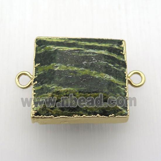 green silver-line jasper square connector, gold plated