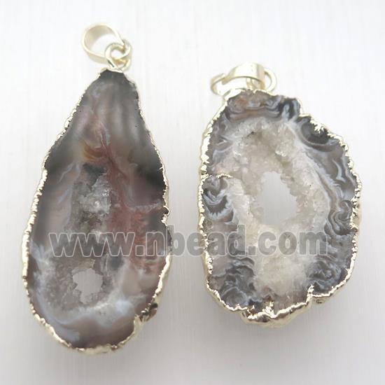 druzy agate slab pendant, geode, silver plated