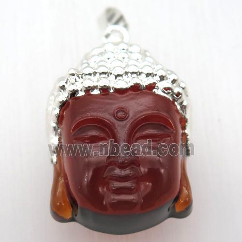 red glass Buddha pendant, silver plated