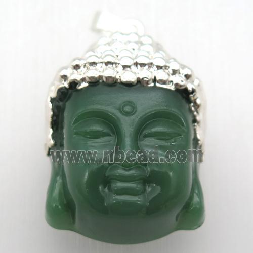 green glass Buddha pendant, silver plated