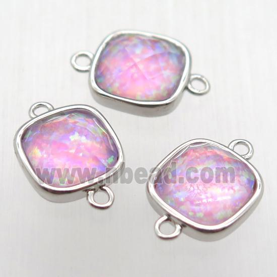pink Fire Opal square connector, synthetic, platinum plated