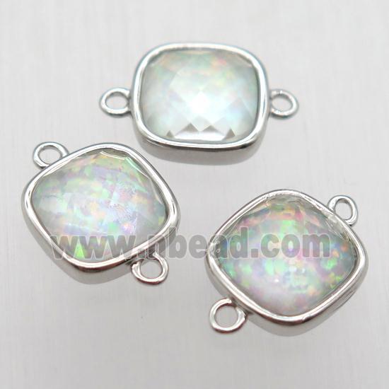 green Fire Opal square connector, synthetic, platinum plated