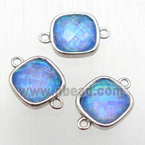 blue Fire Opal square connector, synthetic, platinum plated
