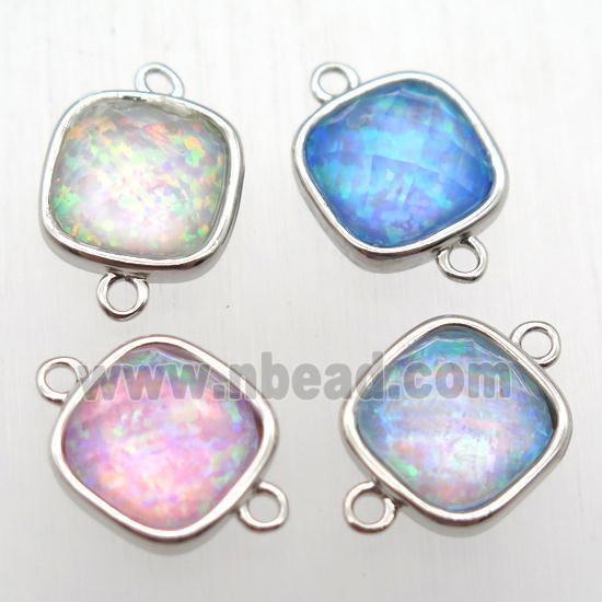 mixed Fire Opal square connector, synthetic, platinum plated