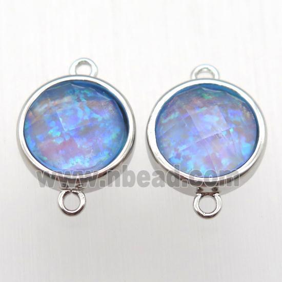 blue Fire Opal circle connector, synthetic, platinum plated