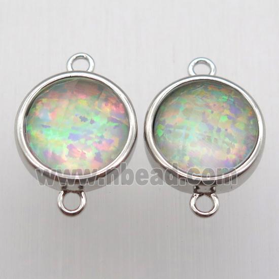 green Fire Opal circle connector, synthetic, platinum plated