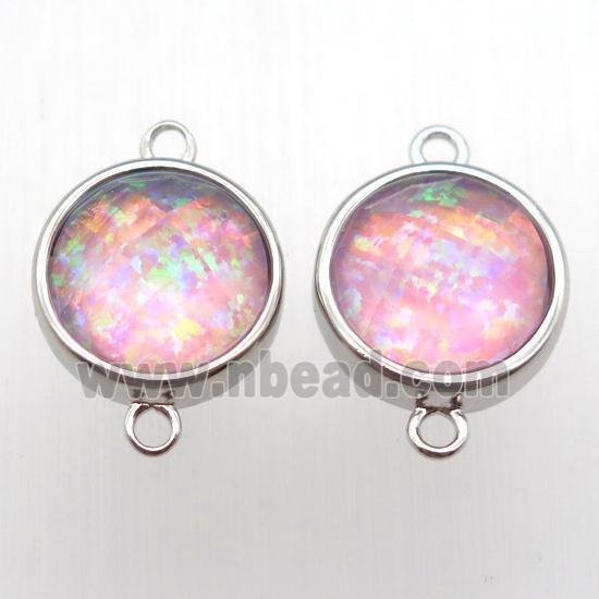 pink Fire Opal circle connector, synthetic, platinum plated