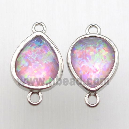 pink Fire Opal teardrop connector, synthetic, platinum plated