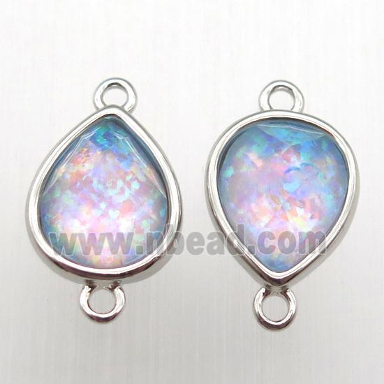 Fire Opal teardrop connector, synthetic, platinum plated