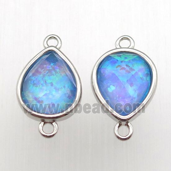 blue Fire Opal teardrop connector, synthetic, platinum plated