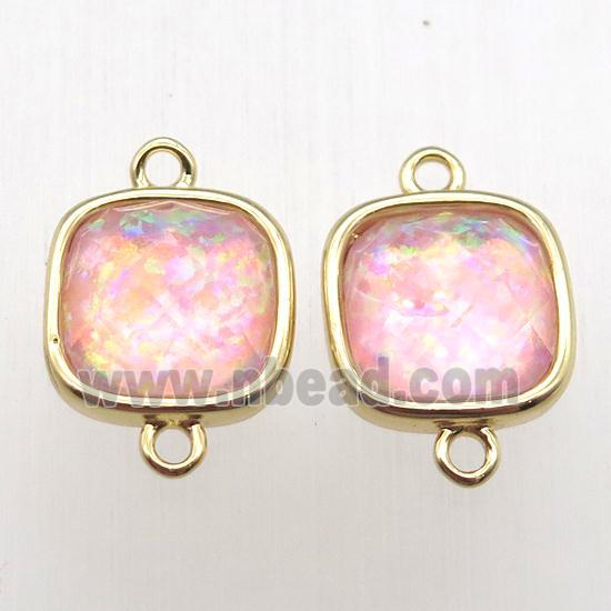pink Fire Opal square connector, synthetic, gold plated
