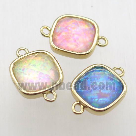 mixed color Fire Opal square connector, synthetic, gold plated