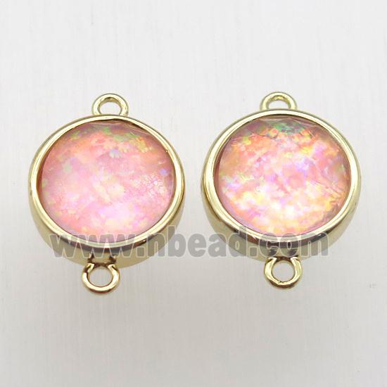 pink Fire Opal circle connector, synthetic, gold plated