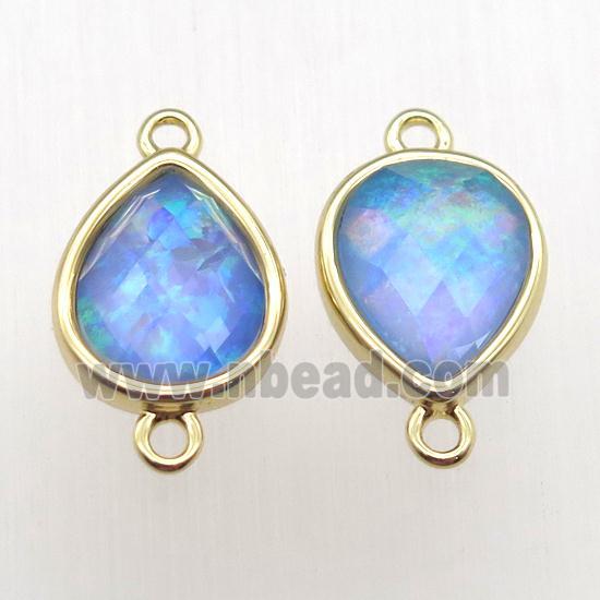 blue Fire Opal teardrop connector, synthetic, gold plated