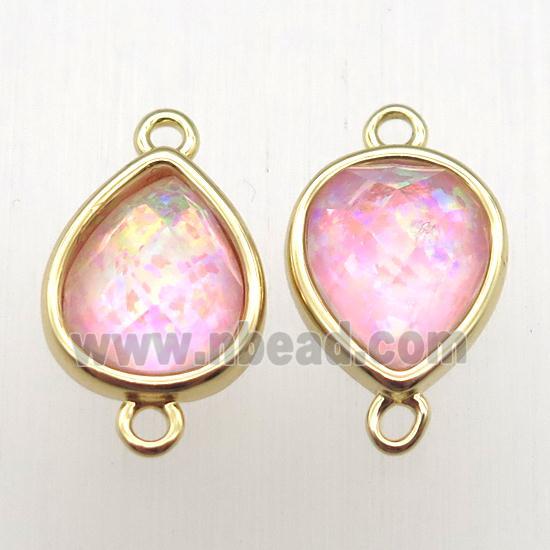 pink Fire Opal teardrop connector, synthetic, gold plated