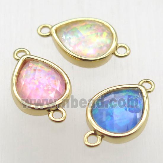 mixed color Fire Opal teardrop connector, synthetic, gold plated