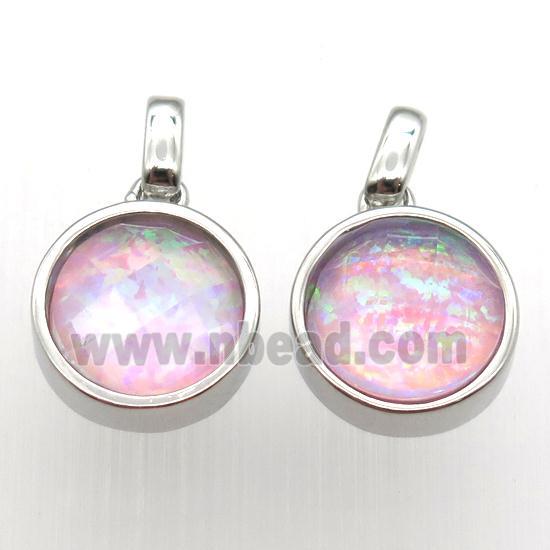 pink Fire Opal circle pendant, synthetic, platinum plated