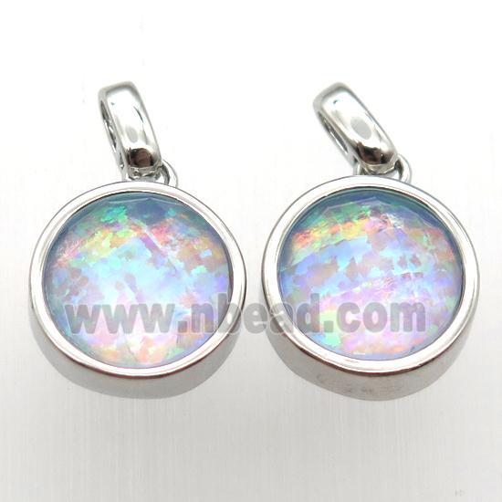 Fire Opal circle pendant, synthetic, platinum plated