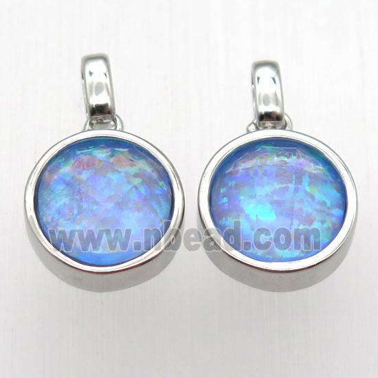 blue Fire Opal circle pendant, synthetic, platinum plated