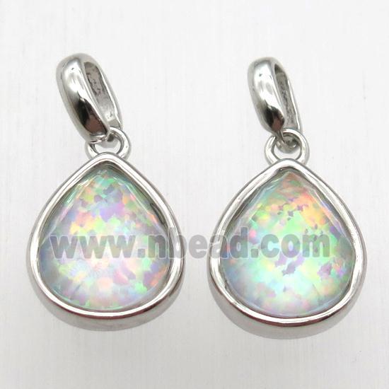 rainbow Fire Opal teardrop pendant, synthetic, platinum plated