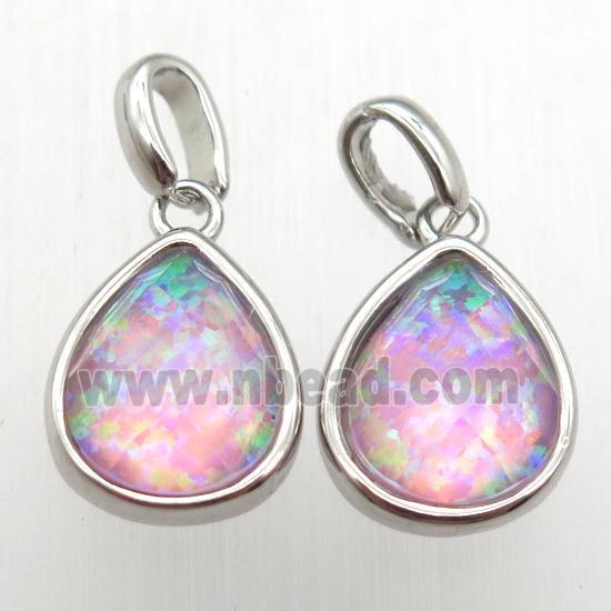 pink Fire Opal teardrop pendant, synthetic, platinum plated