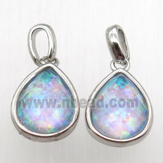 Fire Opal teardrop pendant, synthetic, platinum plated
