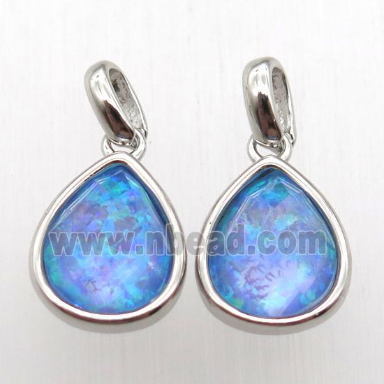 blue Fire Opal teardrop pendant, synthetic, platinum plated