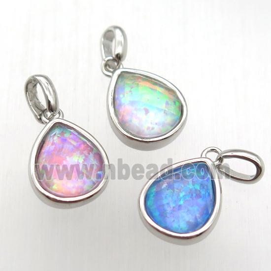 mixed color Fire Opal teardrop pendant, synthetic, platinum plated
