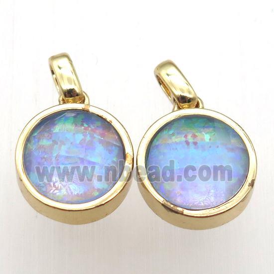 blue Fire Opal circle pendant, synthetic, gold plated