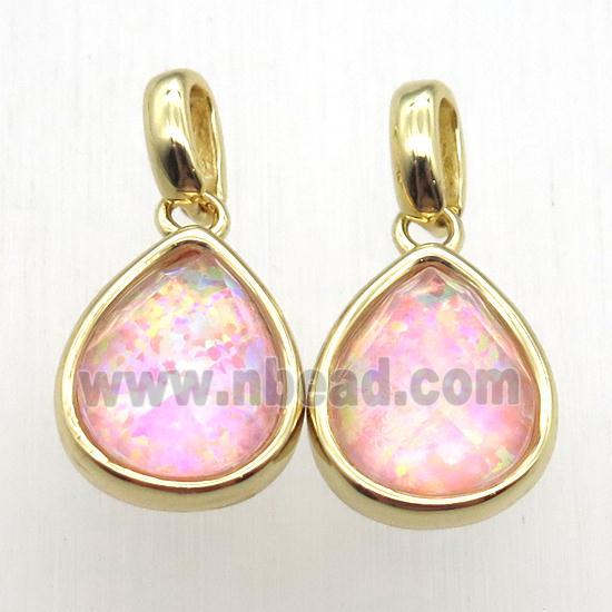 pink Fire Opal teardrop pendant, synthetic, gold plated