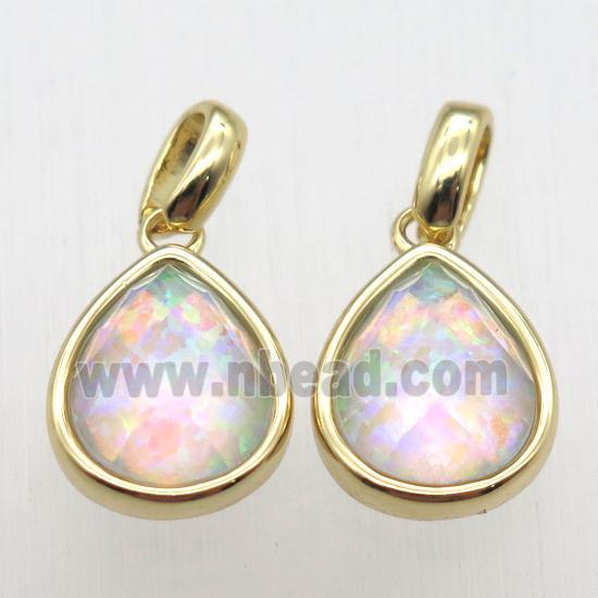 rainbow Fire Opal teardrop pendant, synthetic, gold plated