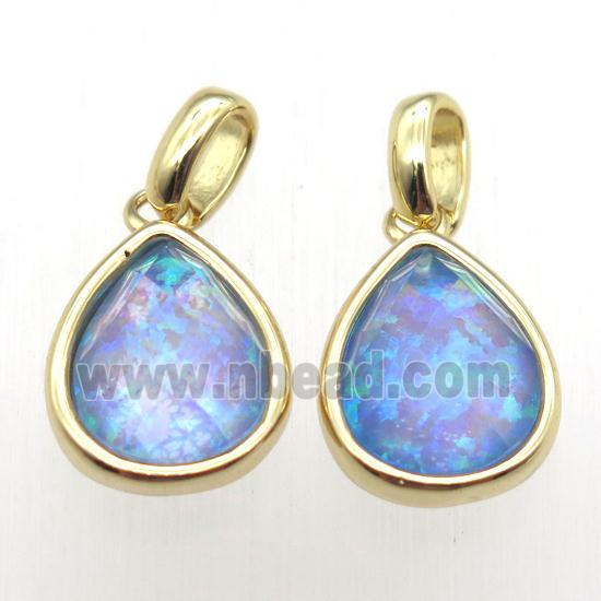 blue Fire Opal teardrop pendant, synthetic, gold plated