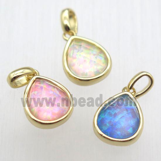 mixed color Fire Opal teardrop pendant, synthetic, gold plated