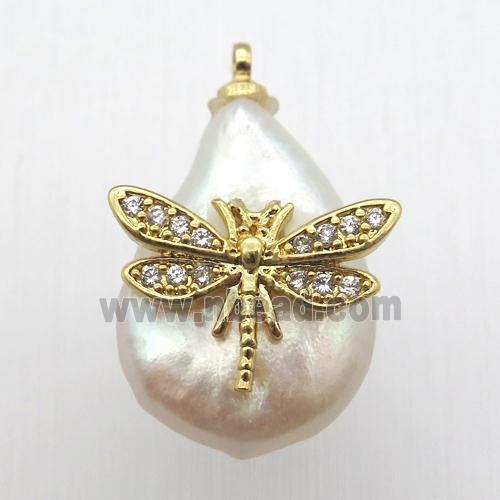 Natural pearl pendant with zircon, dragonfly