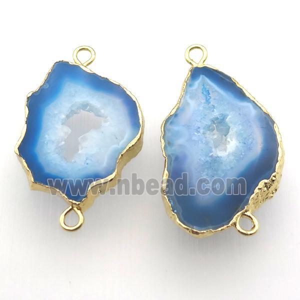 blue druzy agate connector, freeform, gold plated